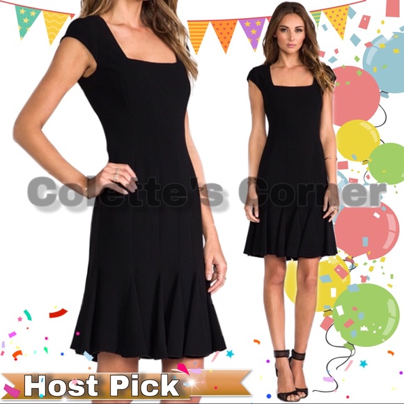 BCBG Maxazaria Farrah Black Square-Neck Cap Sleeve Flounce Hem Dress - Picture 2 of 8